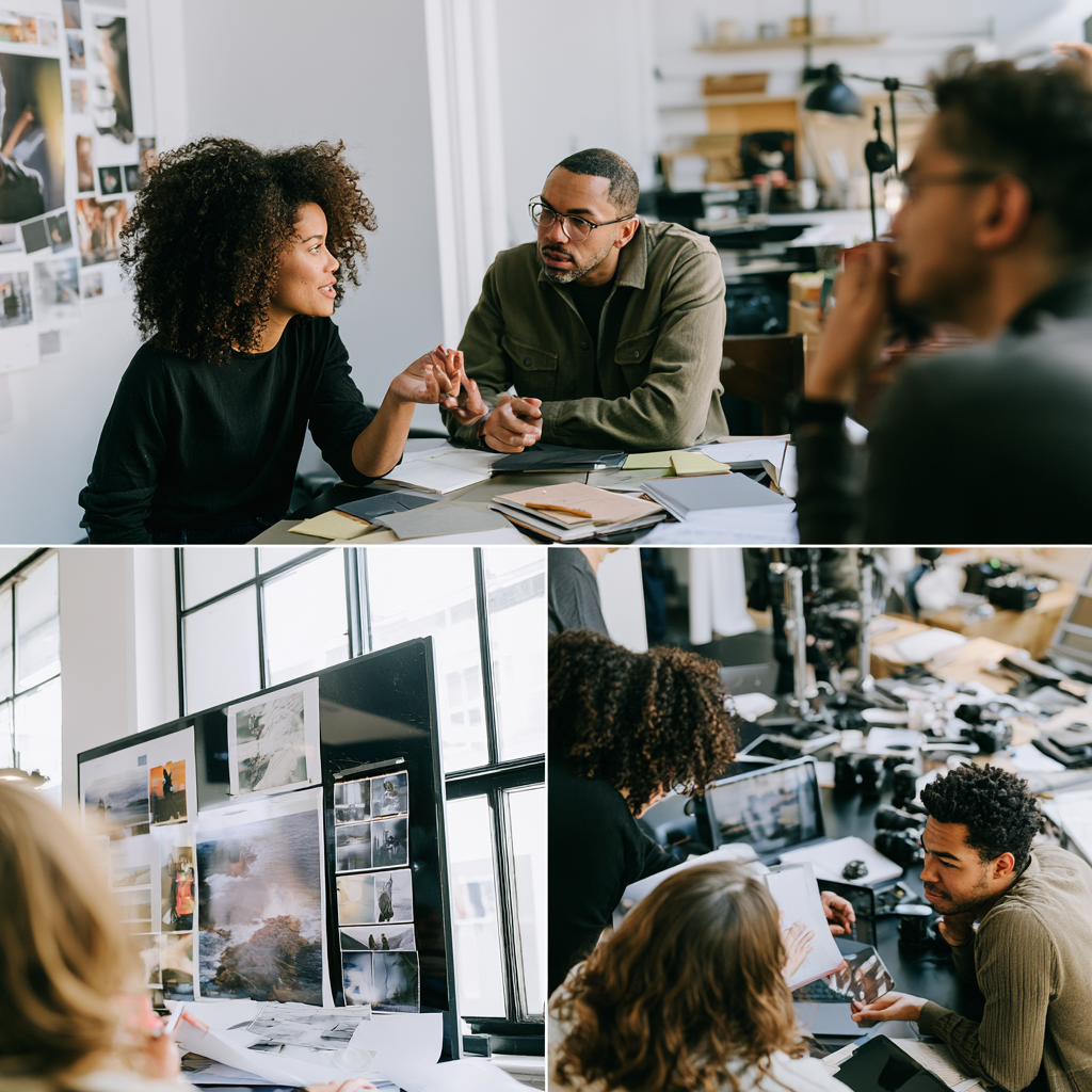 A creative team working together, with the founder in the room.