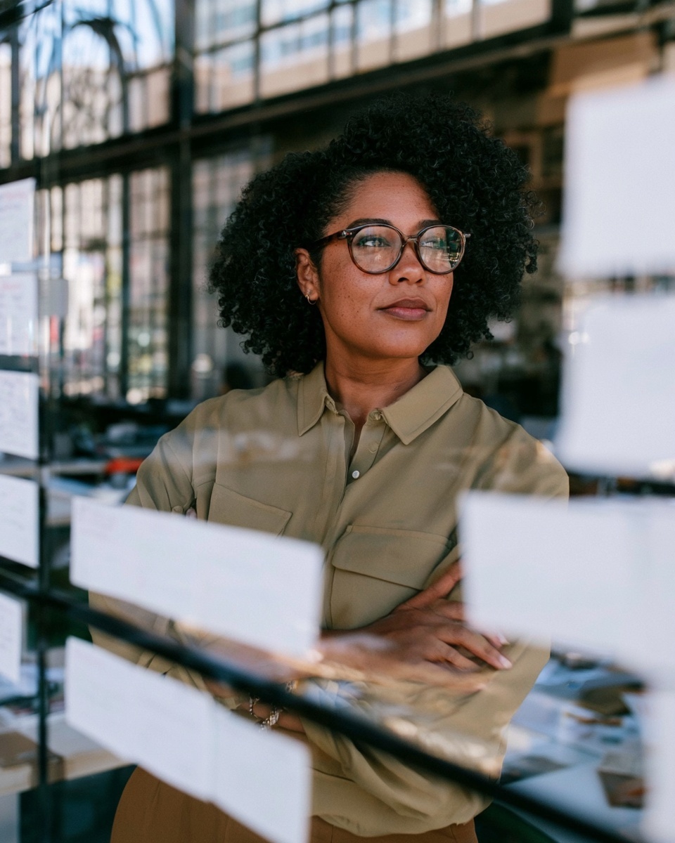 A leader pausing at a glass wall of working notes.