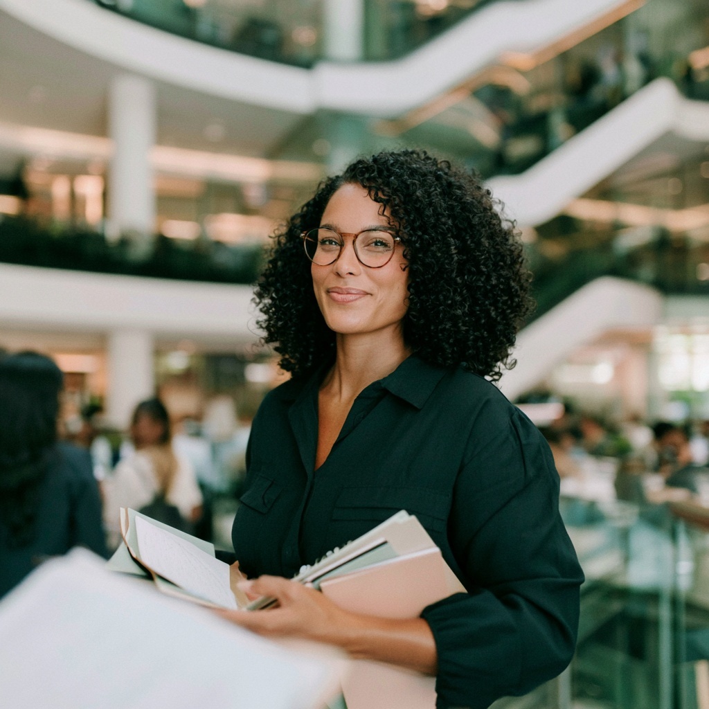A leader carrying her work through a bright, busy building.